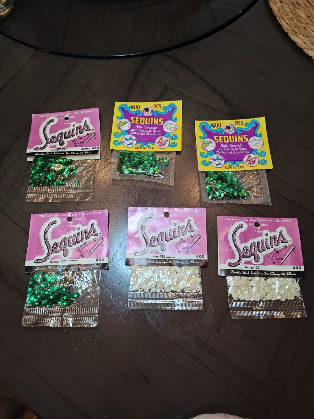 Vintage Craft Sequins Lot of 6 Packs - Dorothy Flicek & Walco - Green & White
